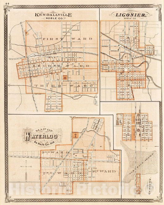 Historic Map : 1876 Kendallville, Noble Co. Ligonier, Map of Waterloo, De Kalb Co, Garrett. - Vintage Wall Art