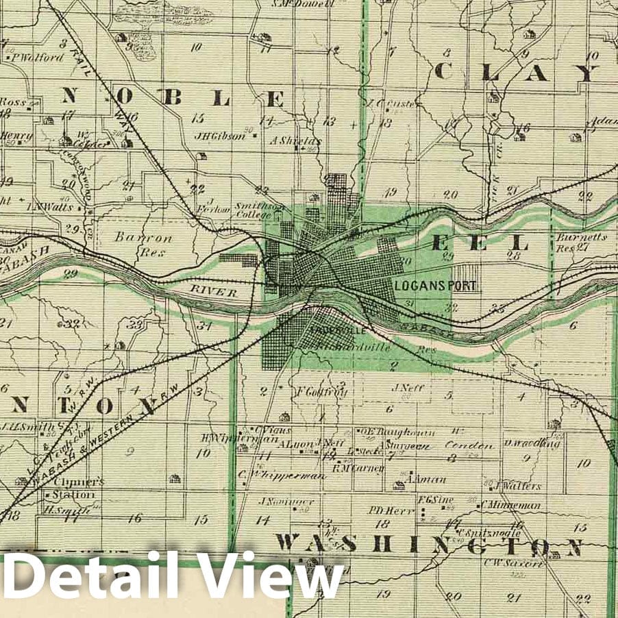 Cass County, Indiana - Railroad Map, 1876 - Historical Map Print