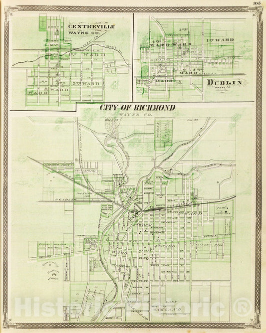 Historic Map : 1876 City of Richmond, Wayne Co. (with) Centreville, (with) Dublin. - Vintage Wall Art