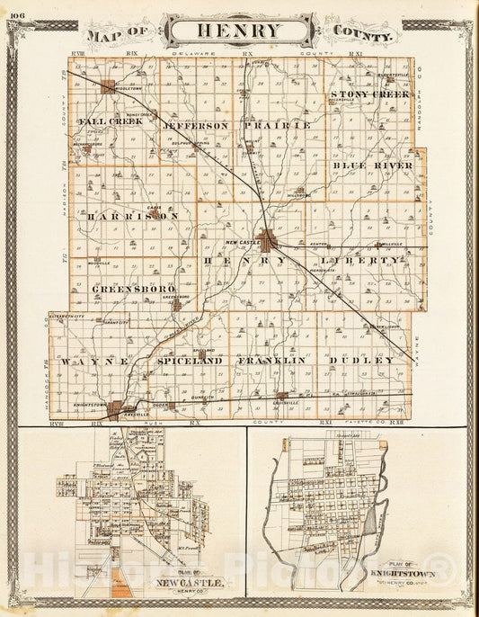 Historic Map : 1876 Map of Henry County (with) New Castle, Knightstown. - Vintage Wall Art