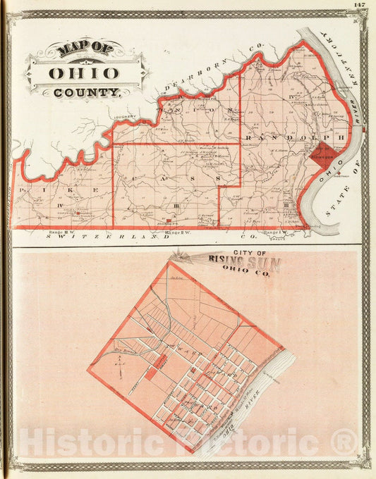 Historic Map : 1876 Map of Ohio County. (with) City of Rising Sun, Ohio Co. - Vintage Wall Art