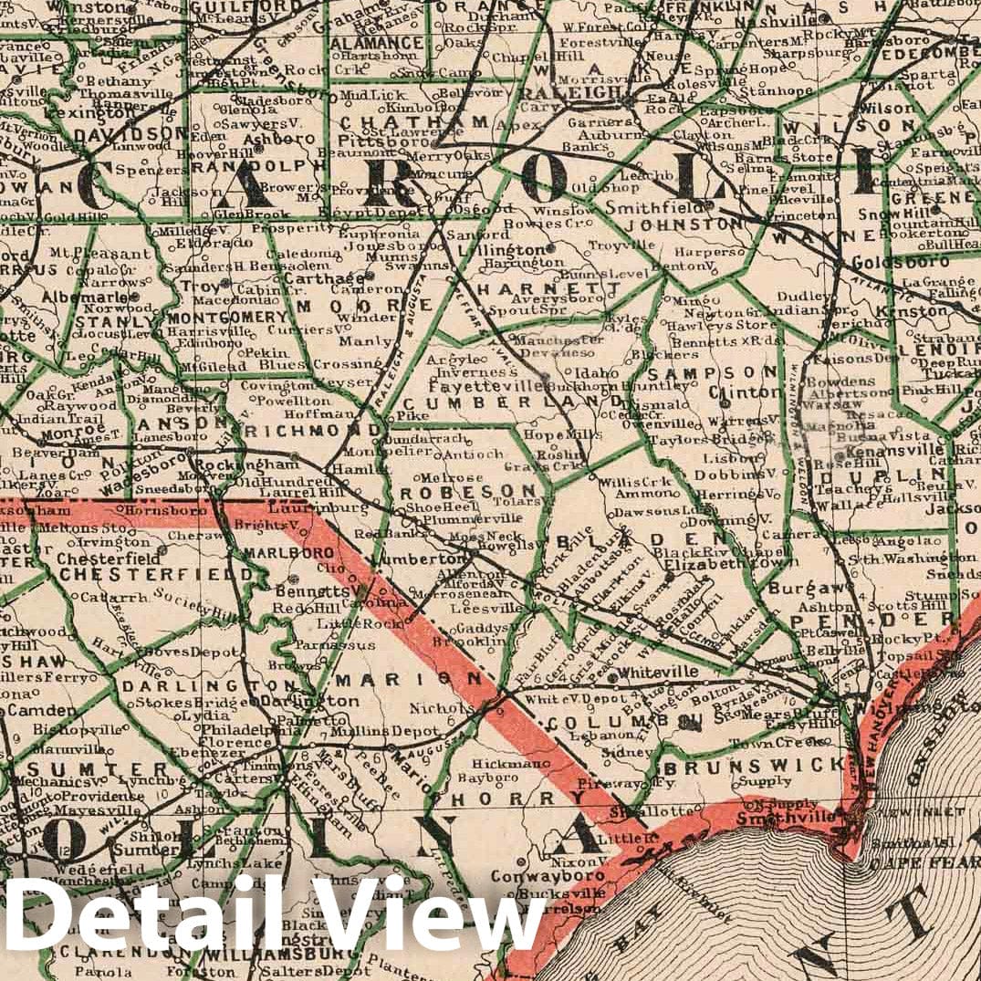 North Carolina Railroad Map, 1883 - Cram's Family Atlas Print