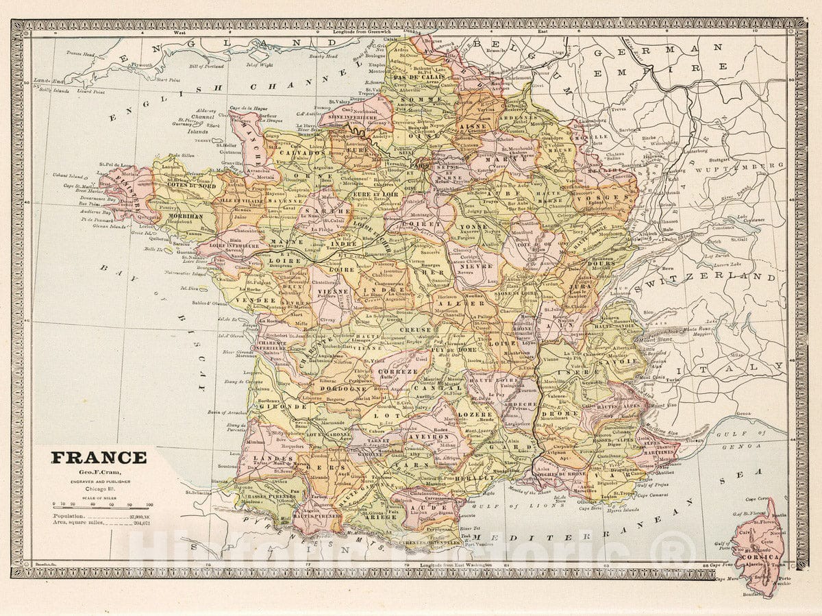 Historic Map : 1883 France. v2 - Vintage Wall Art