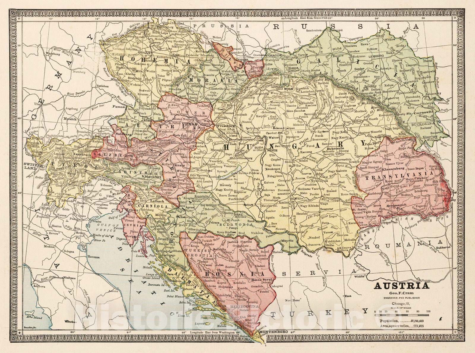 Austria, Czech Republic, and Hungary 1883 Historical Map Print