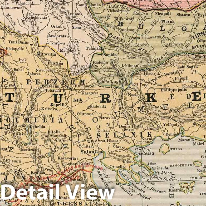 Turkey in Europe, Greece, Romania, Serbia & Montenegro 1883 - Cram's Atlas Map Print