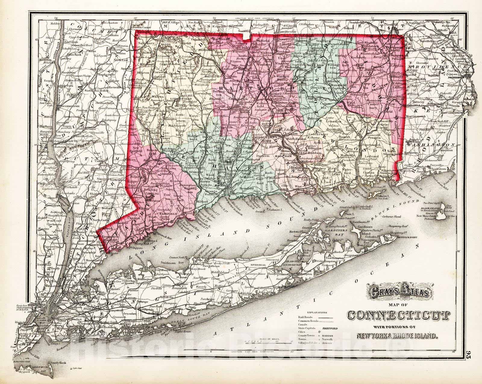 Historic Map : 1873 Connecticut with portions of New York & Rhode Island. - Vintage Wall Art
