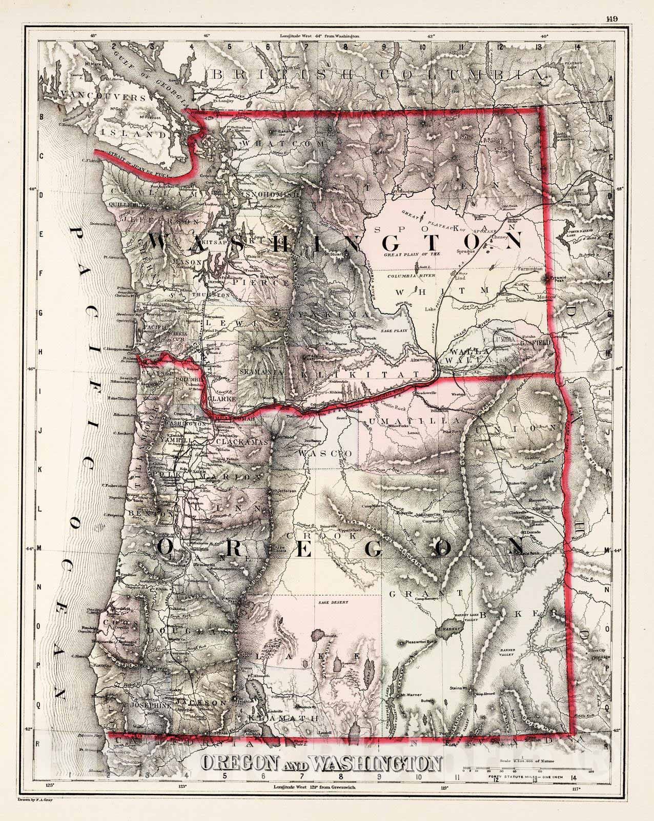 Historic Map : National Atlas - 1884 Oregon and Washington. - Vintage Wall Art