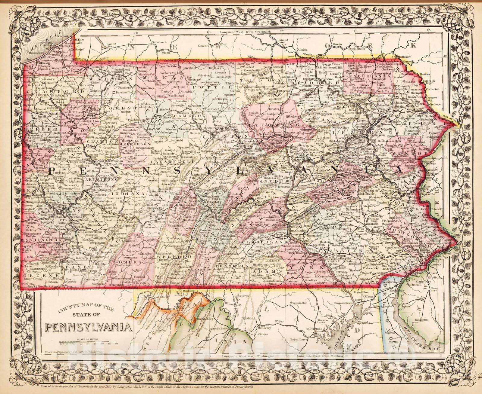 Historic Map : 1868 County map of the State of Pennsylvania - Vintage Wall Art