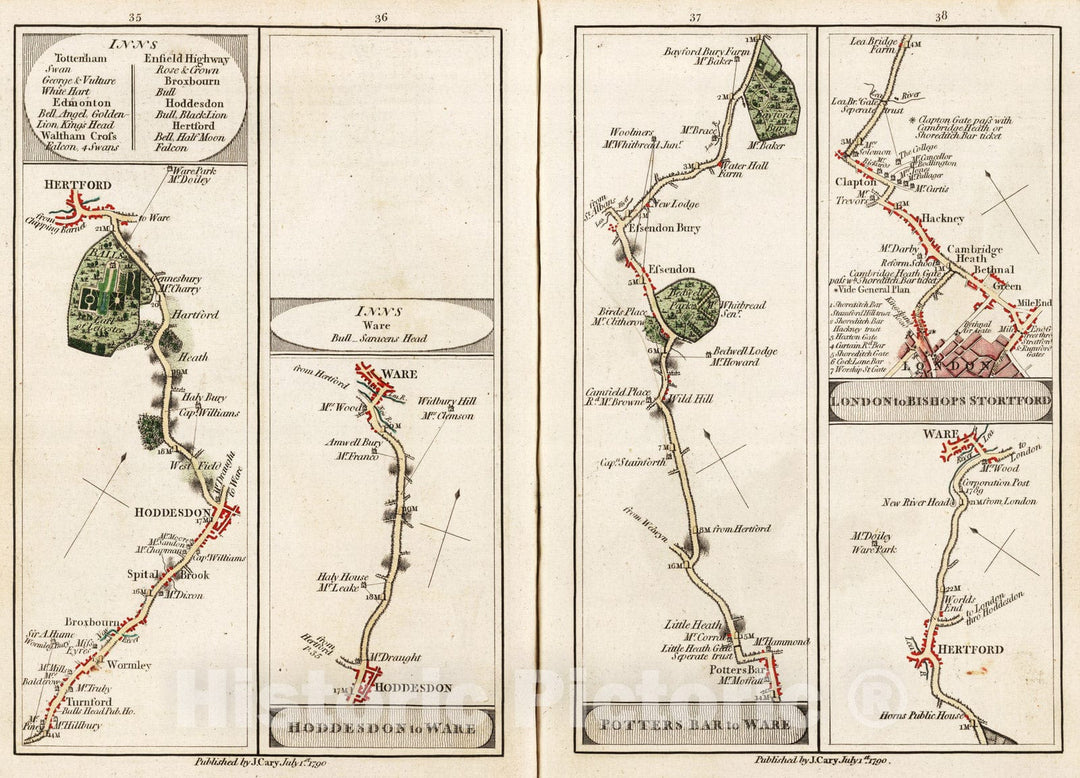 Historic Map : National Atlas - 1790 Hoddesdon to Ware, Potters Bar to Ware, London to Bishops Stortford. - Vintage Wall Art