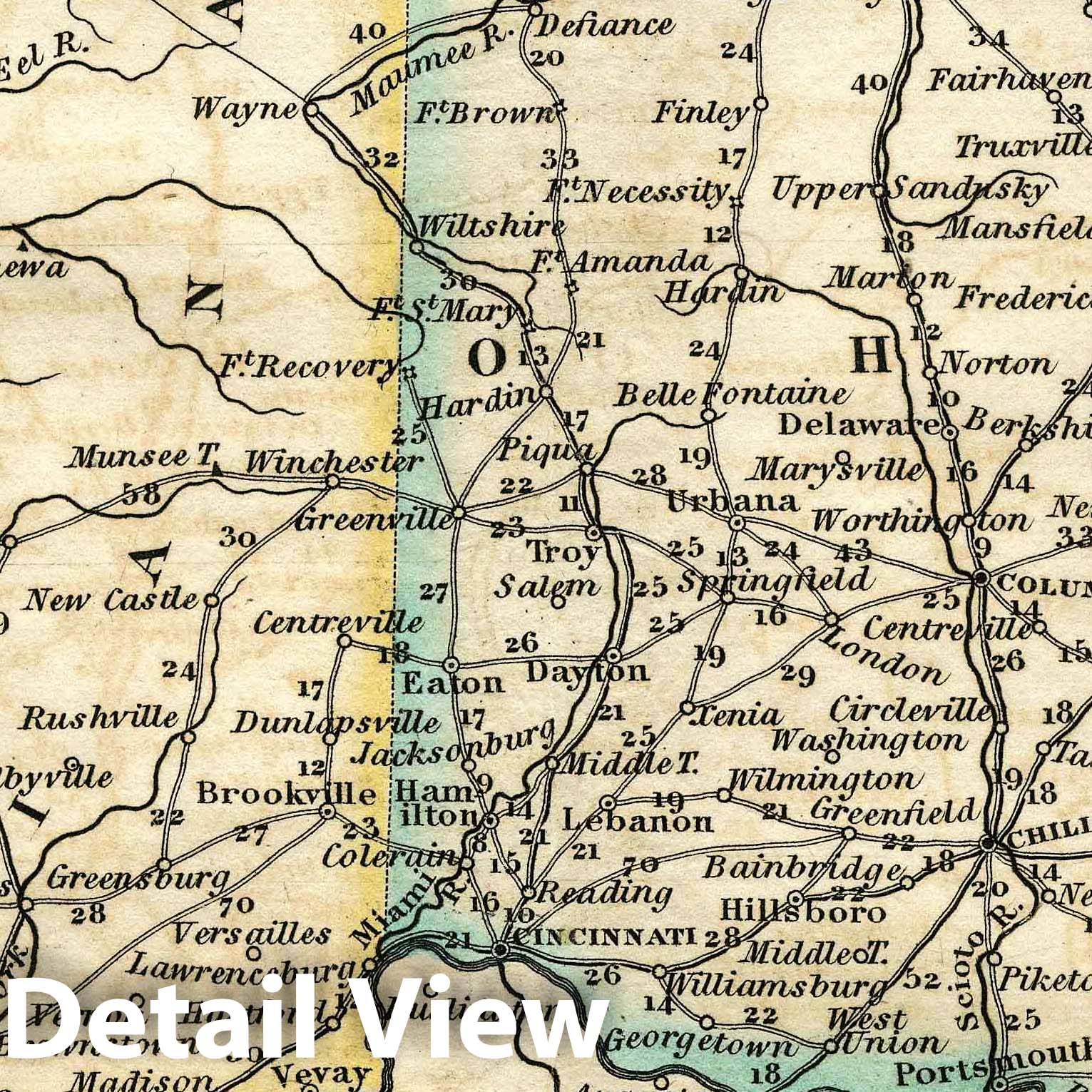 Ohio and Indiana - Road Map, 1828 - Historical Map Print