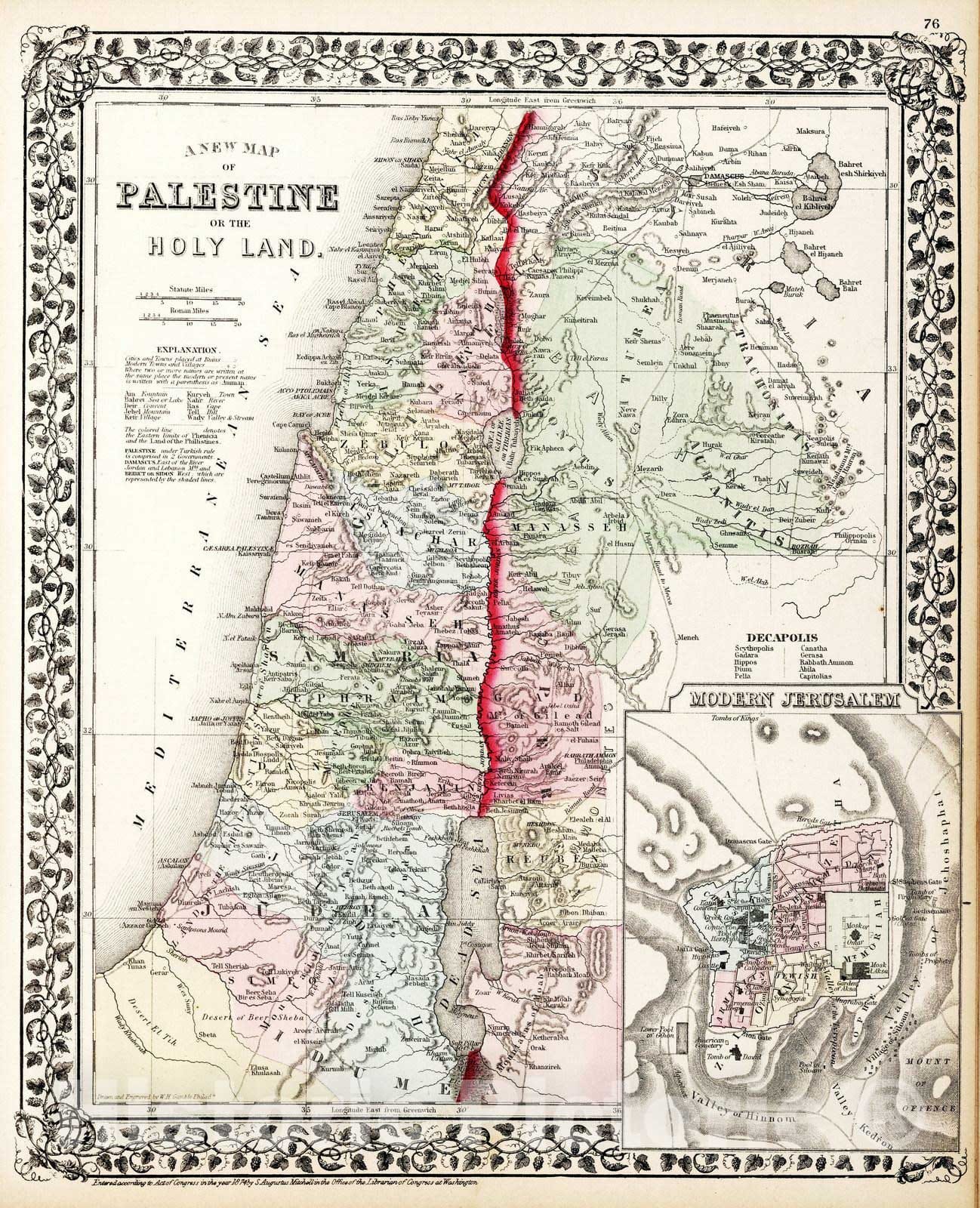 Historic Map : 1874 A new map of Palestine or the Holy Land. - Vintage Wall Art