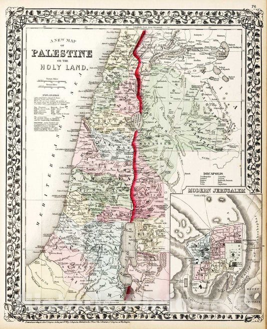 Historic Map : 1874 A new map of Palestine or the Holy Land. - Vintage Wall Art