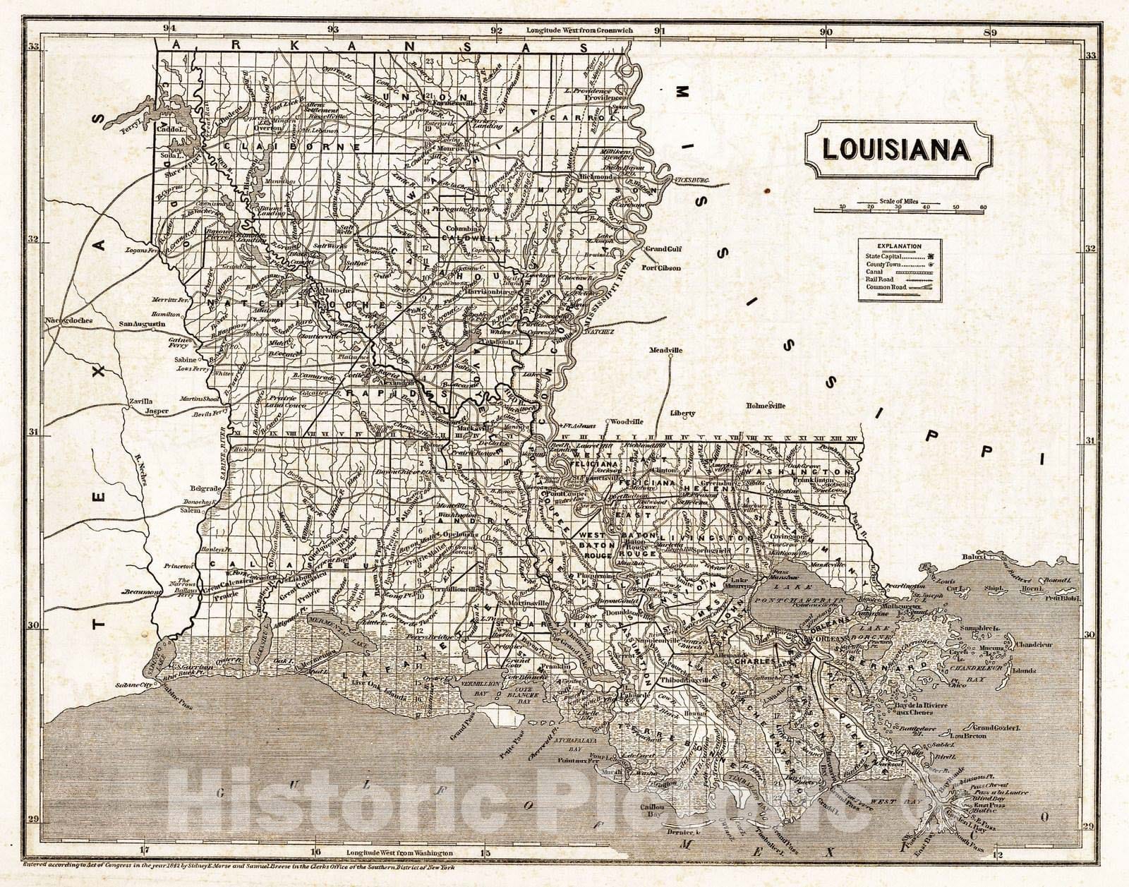 Historic Map : National Atlas - 1842 Louisiana - Vintage Wall Art