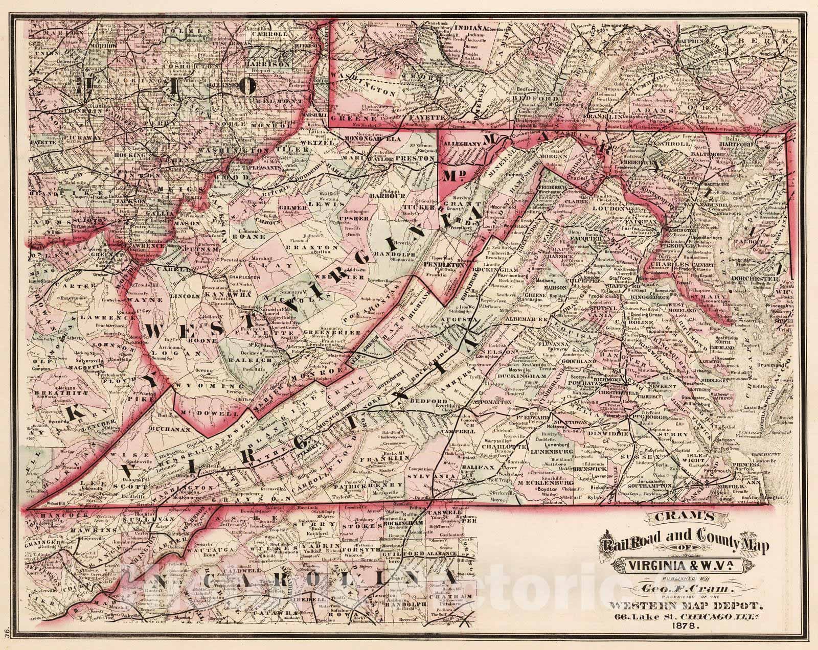 Historic Map : National Atlas - 1878 Virginia and West Virginia. - Vintage Wall Art