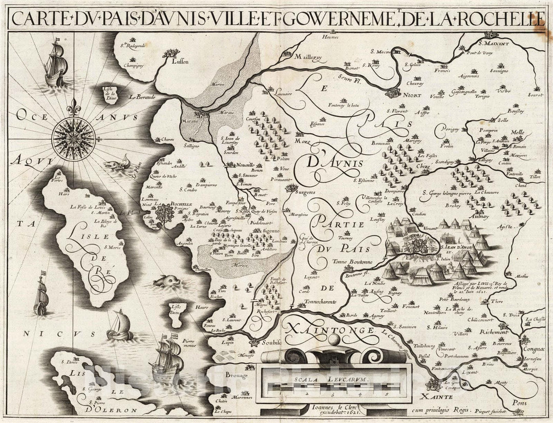 Historic Map : La Rochelle , France 1621 Carte du Pais d'Aunis Ville et Gouvernement de la Rochelle. , Vintage Wall Art