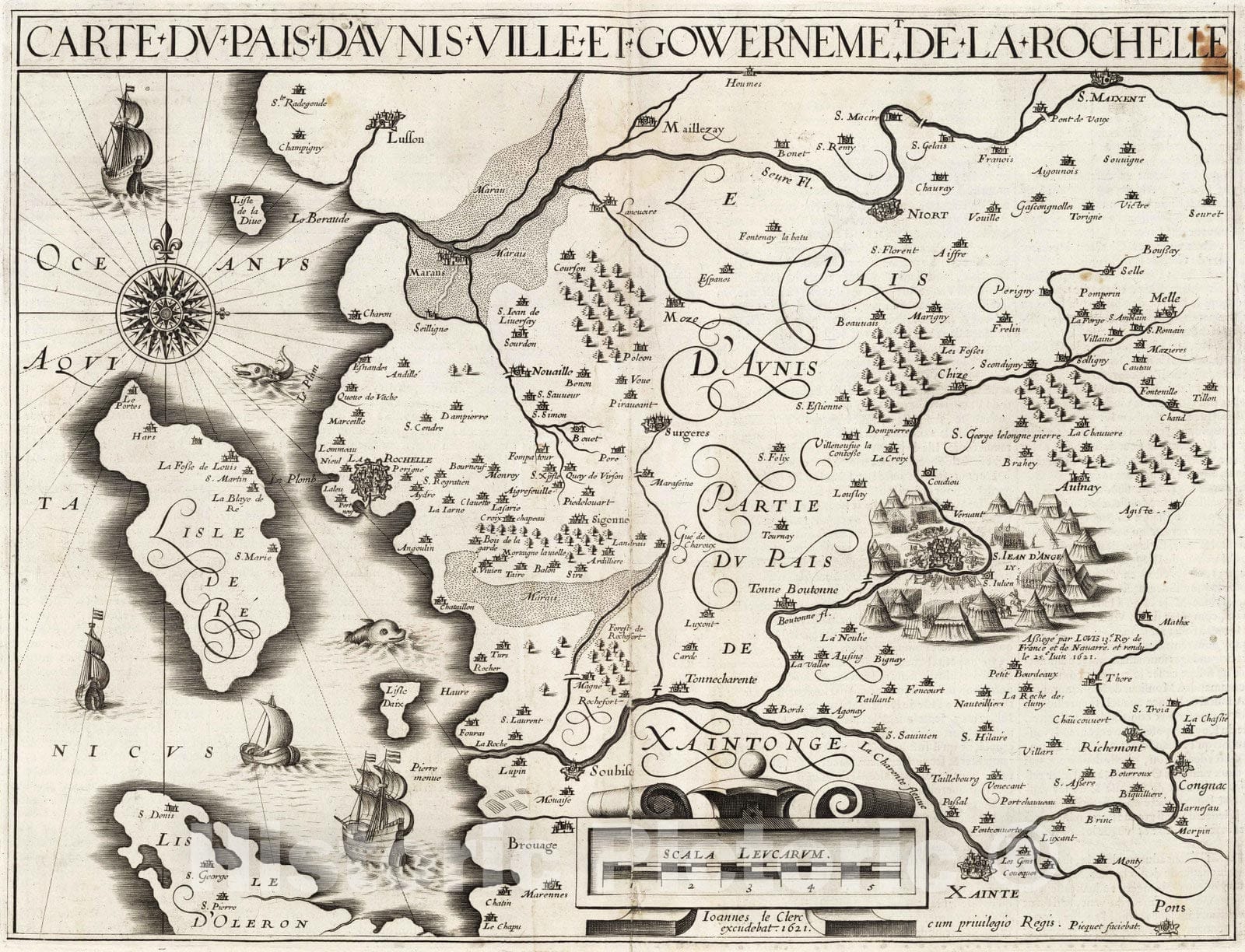 Historic Map : La Rochelle , France 1621 Carte du Pais d'Aunis Ville et Gouvernement de la Rochelle. , Vintage Wall Art