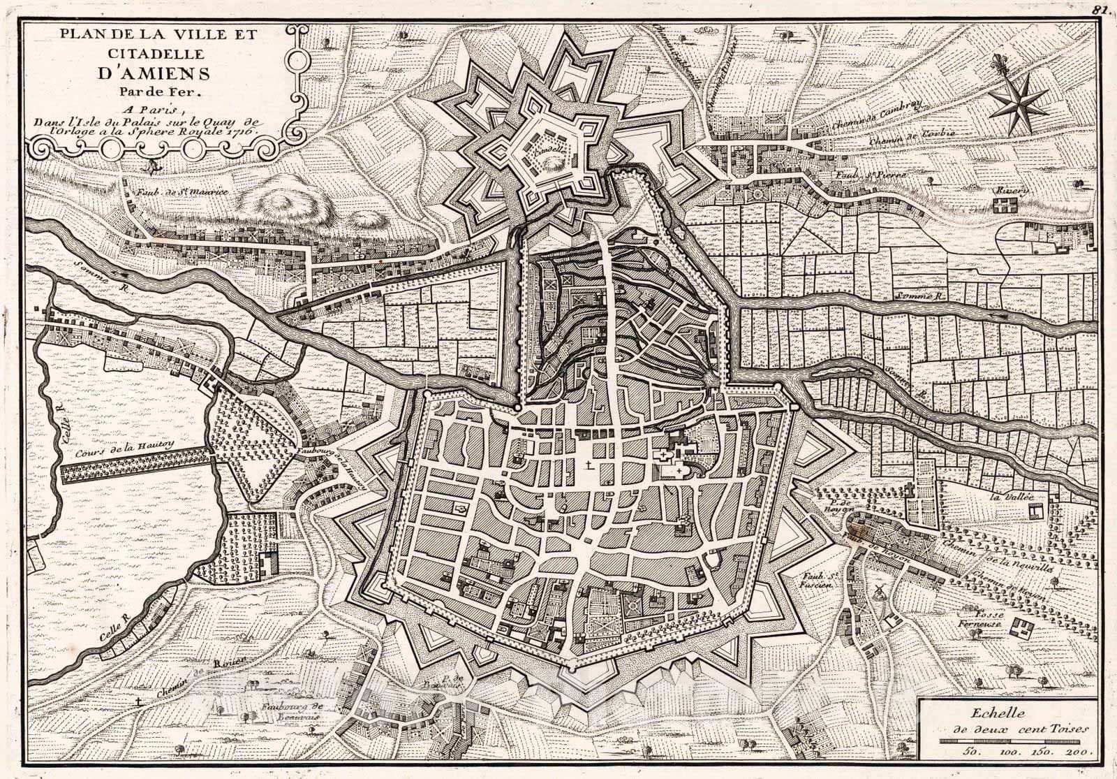 Historic Map : 1716 Plan de la Ville et Citadelle de d'Amiens, France. - Vintage Wall Art