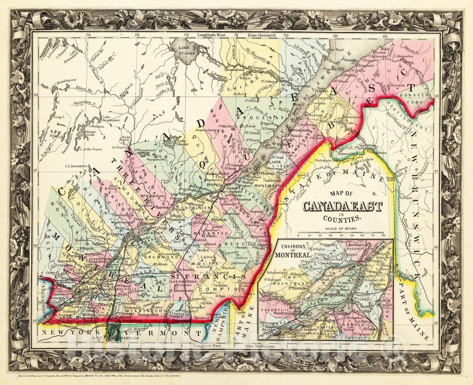 Historic Map : 1860 Map Of Canada East In Counties. - Vintage Wall Art