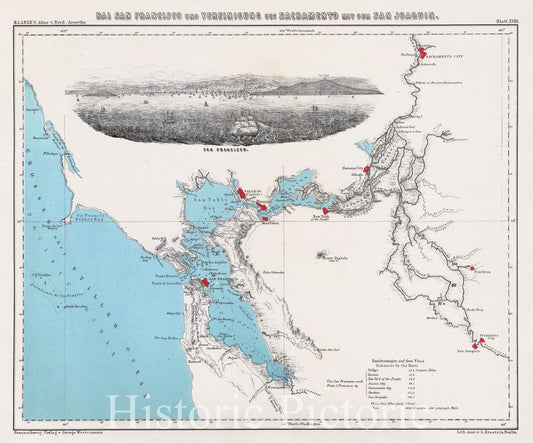 Historic Map : San Francisco (Calif), California, Bay Area (Calif) 1854 Bai San Francisco und Vereinigung des Sacramento mit dem San Joaquin. , Vintage Wall Art