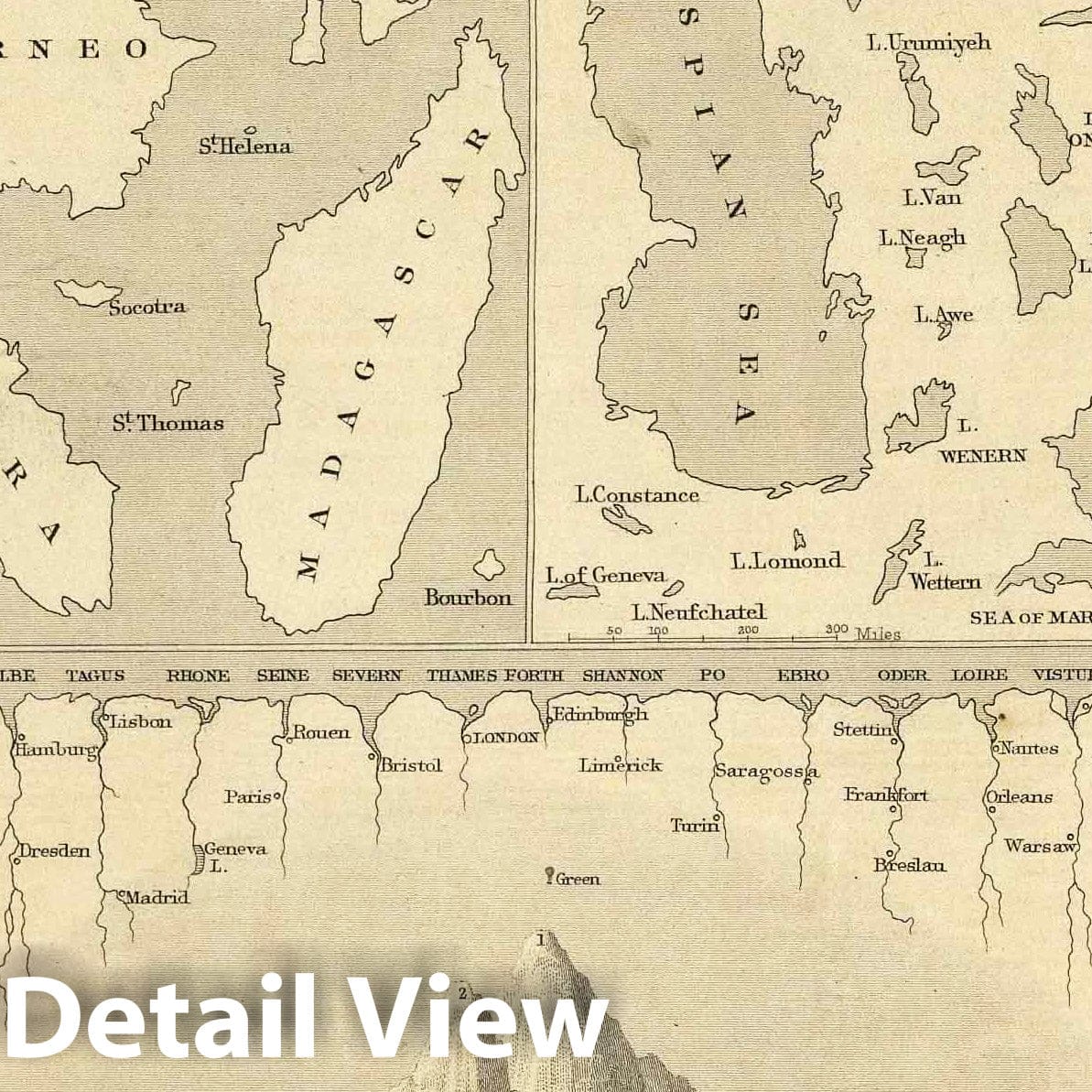 Principal Waterfalls, Islands, Lakes, Rivers and Mountains of Eastern Hemisphere, 1851 - Historical Map Print