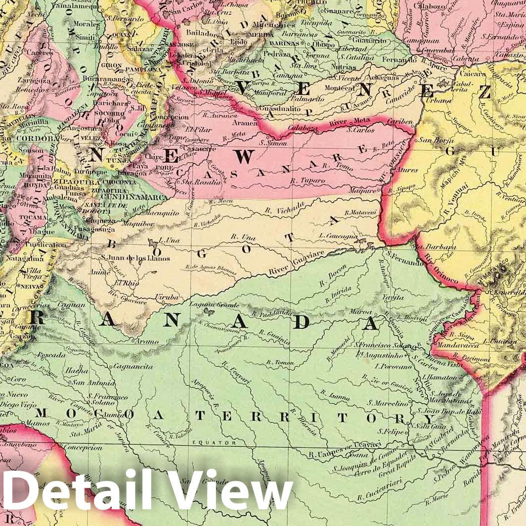Venezuela, New Granada and Ecuador - Physical Map, 1856 - Historical Map Print