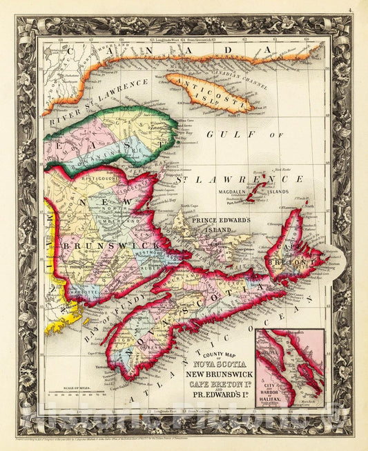 Historic Map : 1860 County Map Of Nova Scotia New Brunswick Cape Breton Id. And Pr. Edward's Id. - Vintage Wall Art