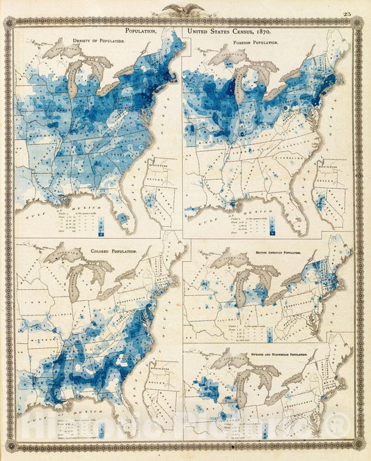 Historic Map : 1875 Population - United States census, 1870. Density, Foreign, Colored, British American, Swedish and Norwegian. - Vintage Wall Art