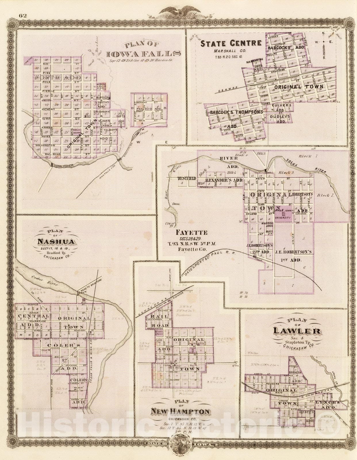 Historic Map : 1875 Plans of Cedar Falls, Waterloo, Hopkinton and La Porte City, Iowa. v1 - Vintage Wall Art