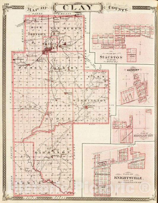 Historic Map : 1876 Map of Clay County (with) Staunton, Harmony, Middleburry, Knightsville. - Vintage Wall Art