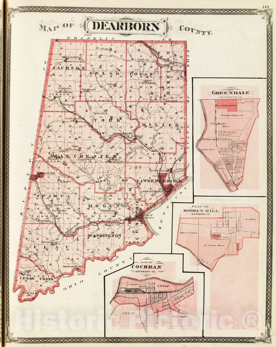 Historic Map : 1876 Map of Dearborn County (with) Greendale, Moore's Hill, Cochran. - Vintage Wall Art