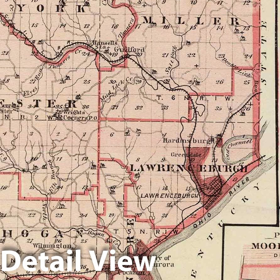 Dearborn County, Indiana - Railroad Map, 1876 - Historical Map Print