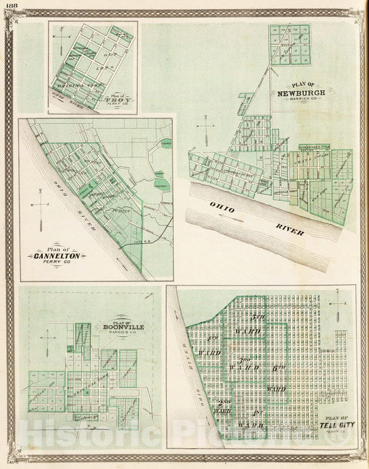 Newburgh, Warrick County; Boonville, Troy, Cannelton, Tell City, Perry County, Indiana 1876 Map