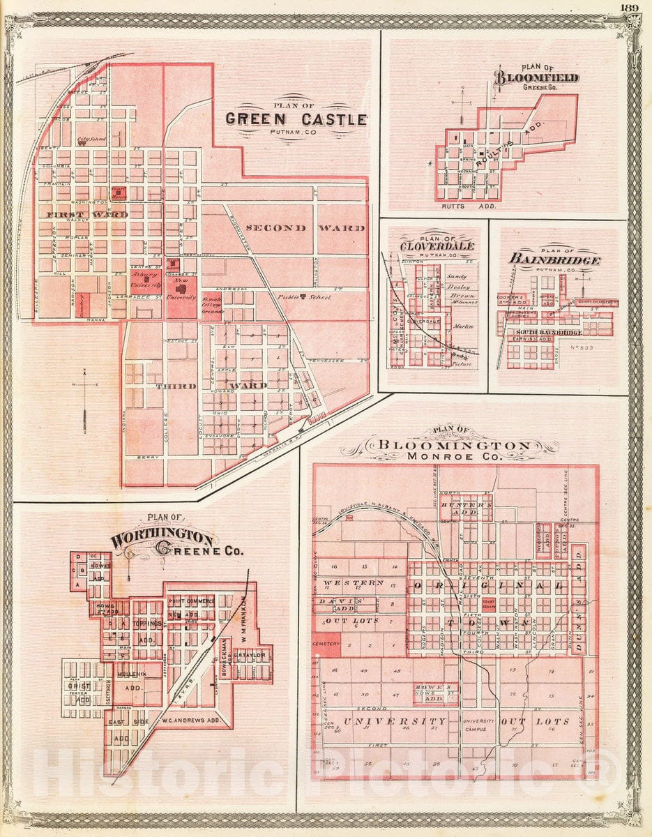 Historic Map : 1876 Plan of Green Castle, Putnam Co. (with) Bloomington, Worthington, Bloomfield, Cloverdale, Bainbridge. - Vintage Wall Art