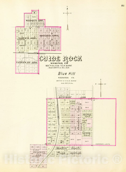Guide Rock and Blue Hill, Webster County, Nebraska - Railroad Map, 1885
