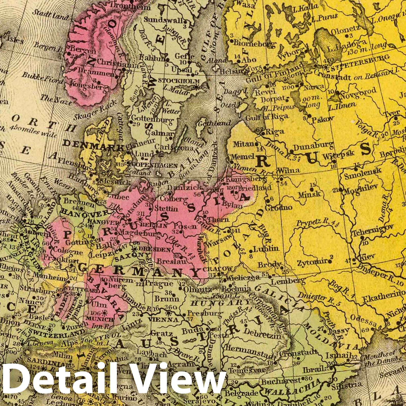 Europe - River Map, 1847 - Mitchell's School Atlas Historical Map Print