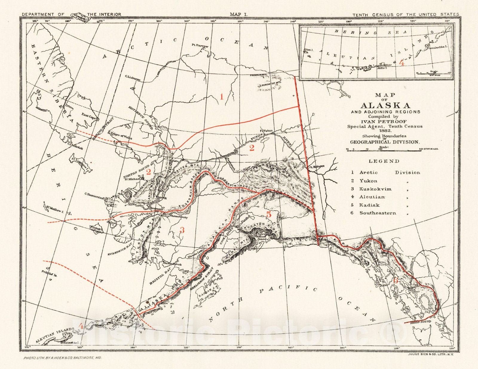 Historic Map : 1882 Petroof's Map of Alaska and Adjoining Regions: Geographical Divisions. - Vintage Wall Art