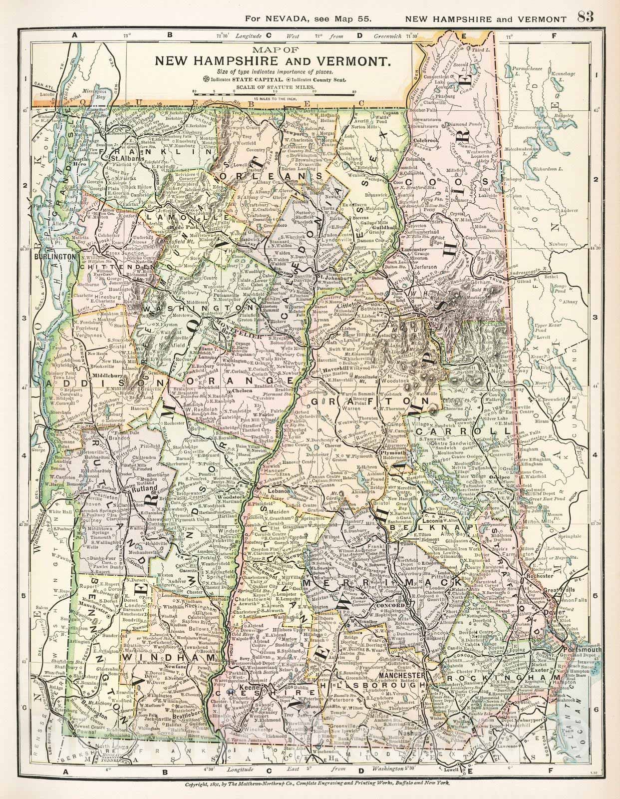 New Hampshire and Vermont - Railroad Map, 1891 - Historical Atlas Print
