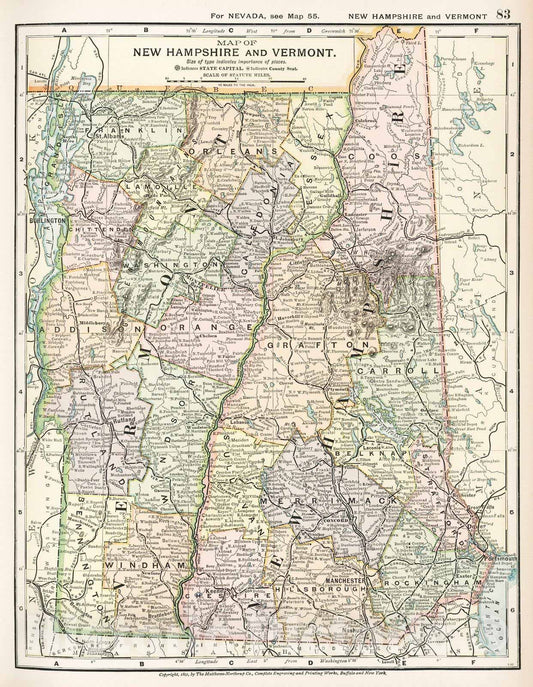 New Hampshire and Vermont - Railroad Map, 1891 - Historical Atlas Print