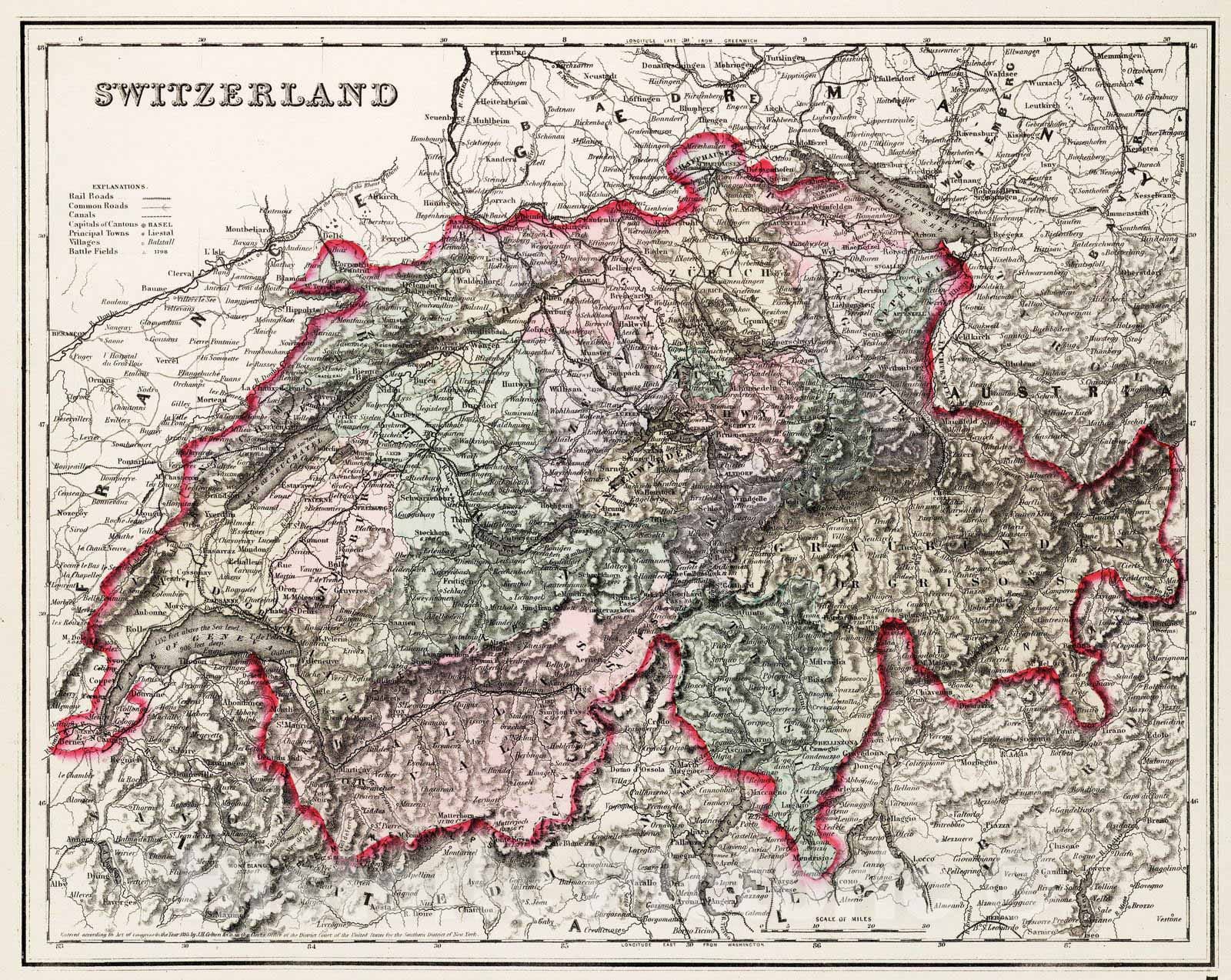 Historic Map : National Atlas - 1855 Switzerland. - Vintage Wall Art