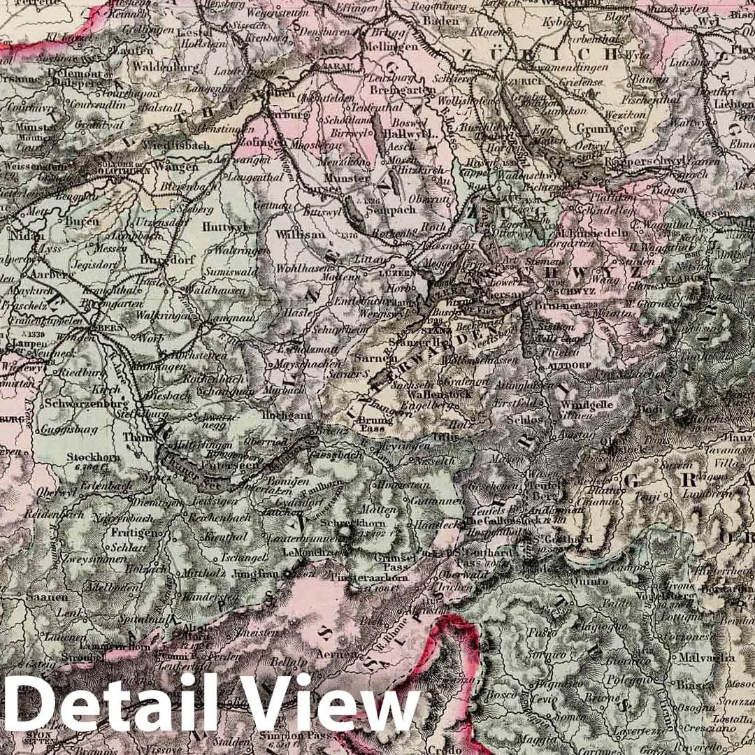 Switzerland Railroad Map 1855 - Hand-Colored Historical Map Print
