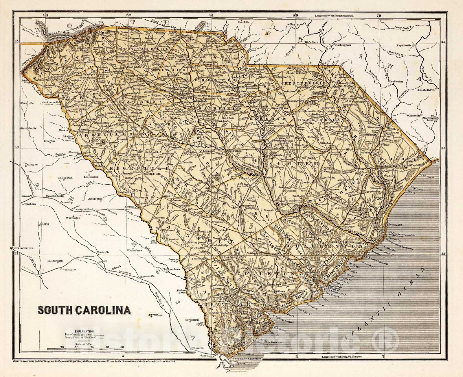 South Carolina - Railroad Map, 1845 - Historical Map Print