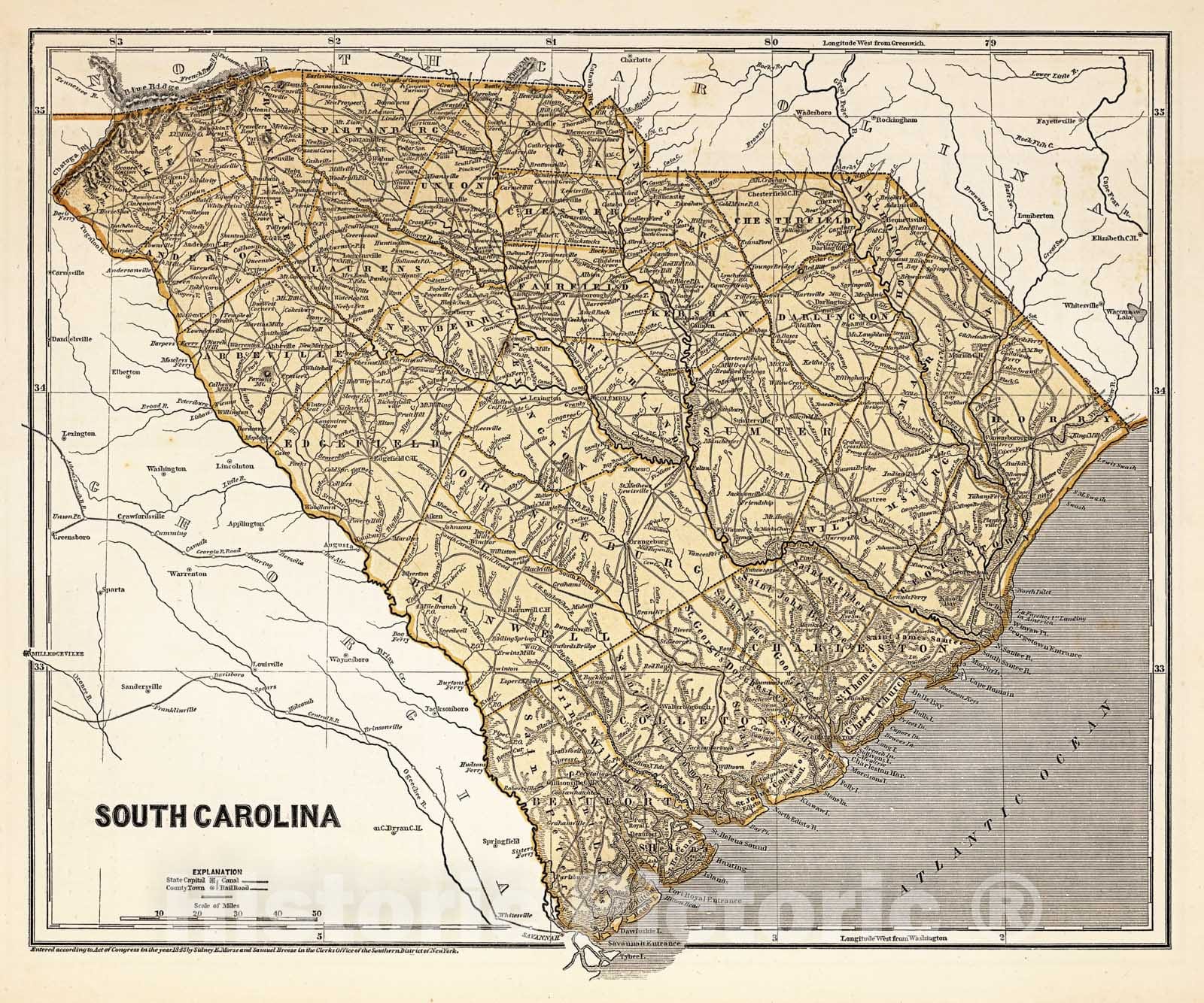 Historic Map - National Atlas - 1845 South Carolina - Vintage Wall Art