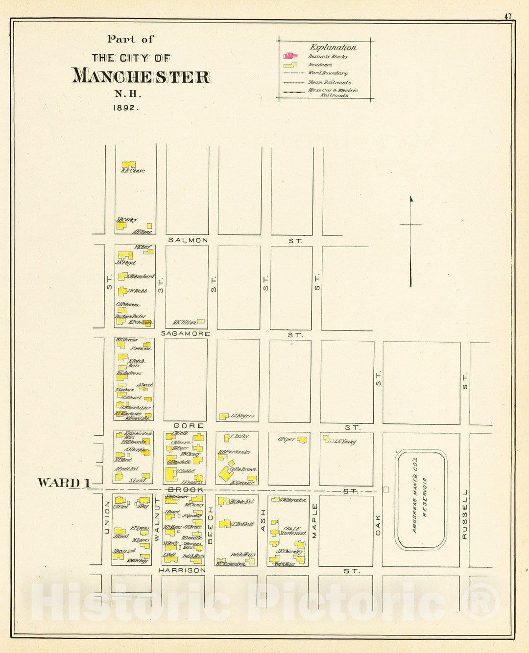 Historic Map : 1892 Manchester, N.H, Ward 1. - Vintage Wall Art
