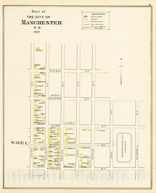 Historic Map : 1892 Manchester, N.H, Ward 1. - Vintage Wall Art