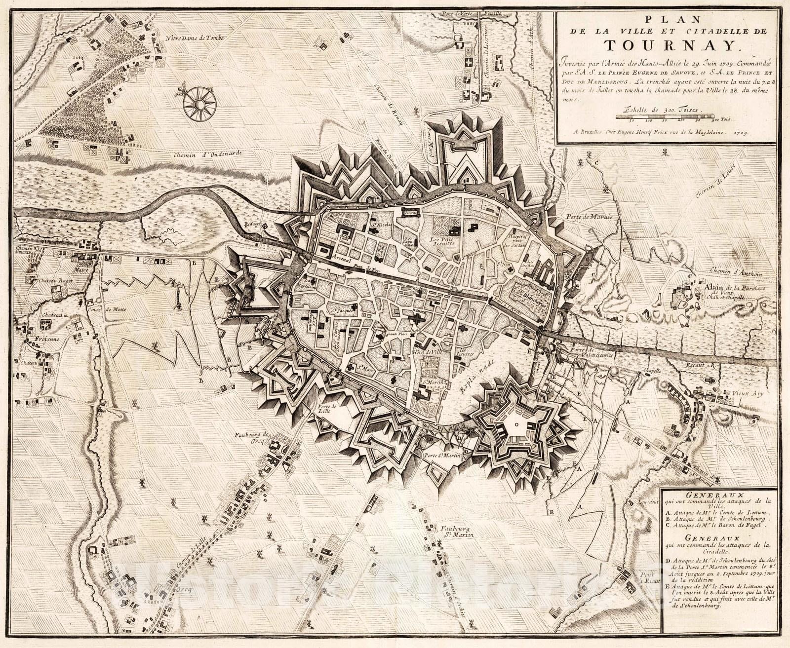 Historic Map : Tournai , Belgium 1709 42. Plan de la Ville de Tournay (Tournai, Belgium) avec les Attaques. 1709. , Vintage Wall Art