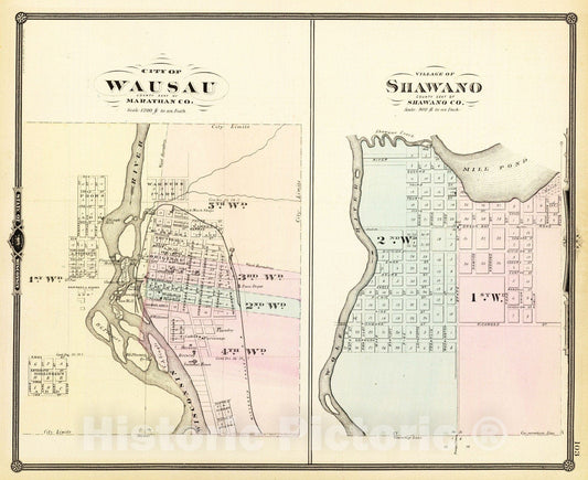 Historic Map : 1878 City of Wausau, Village of Shawano. - Vintage Wall Art