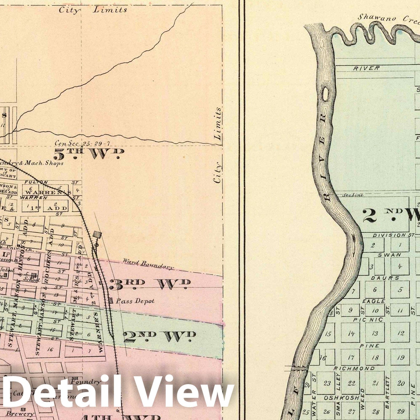 Wausau and Shawano - Geologic Map, 1878 - Wisconsin City Plan Print