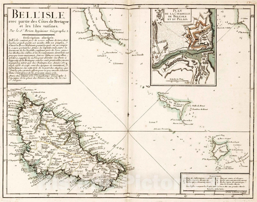 Historic Map : Belle Isle , France 1804 Belle Isle avec Partie des Cotes de Bretagne. , Vintage Wall Art
