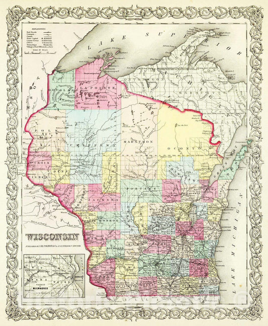 Wisconsin - Physical Map, 1856 - Historical Map Print