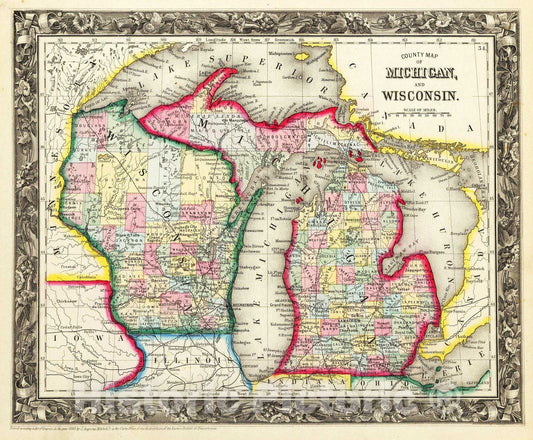 Michigan and Wisconsin - County Map, 1860 - Historical Map Print